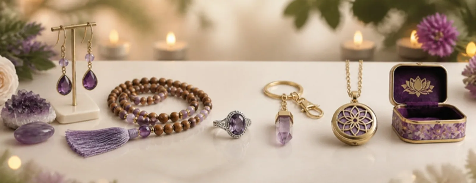 Edelstein Ohrringe, Mala Gebetskette mit Quaste, Amethyst Ring, Schlüsselanhänger, Duftmedaillon und Schmuckkästchen – Berk, Phoenix Import – SonnenhausWelt Esoterik Shop