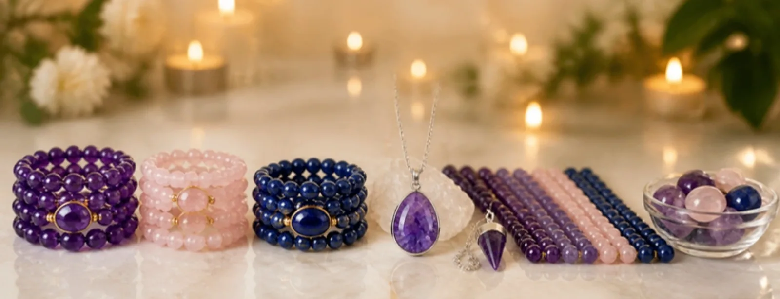 Edelsteinarmbänder aus Amethyst, Rosenquarz und Lapislazuli, Edelsteinstränge, Anhänger und Wassersteine – VitaJuwel, One World Minerals – SonnenhausWelt Esoterik Shop