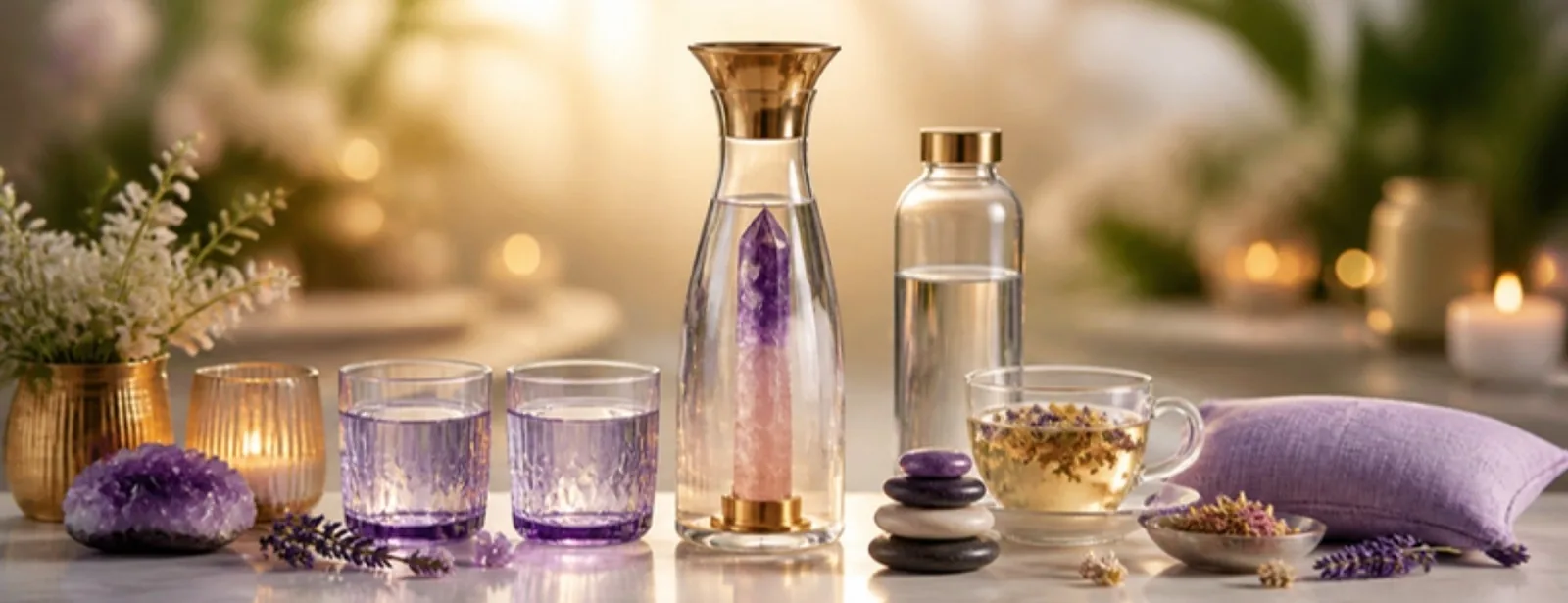 Edelsteinwasser Karaffe mit Amethyst und Rosenquarz, Gläser, Kräutertee, Massagesteine und Augenkissen – VitaJuwel, One World Minerals – SonnenhausWelt Esoterik Shop