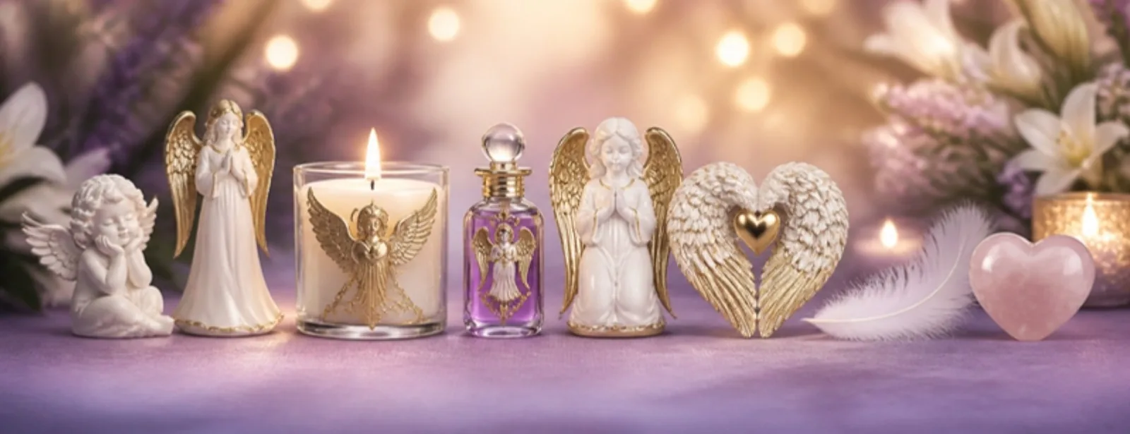 Engelfiguren, Engelkerze, Engel Essenz, Engelsflügel und Rosenquarz Herz – Ingrid Auer, Berk – SonnenhausWelt Esoterik Shop