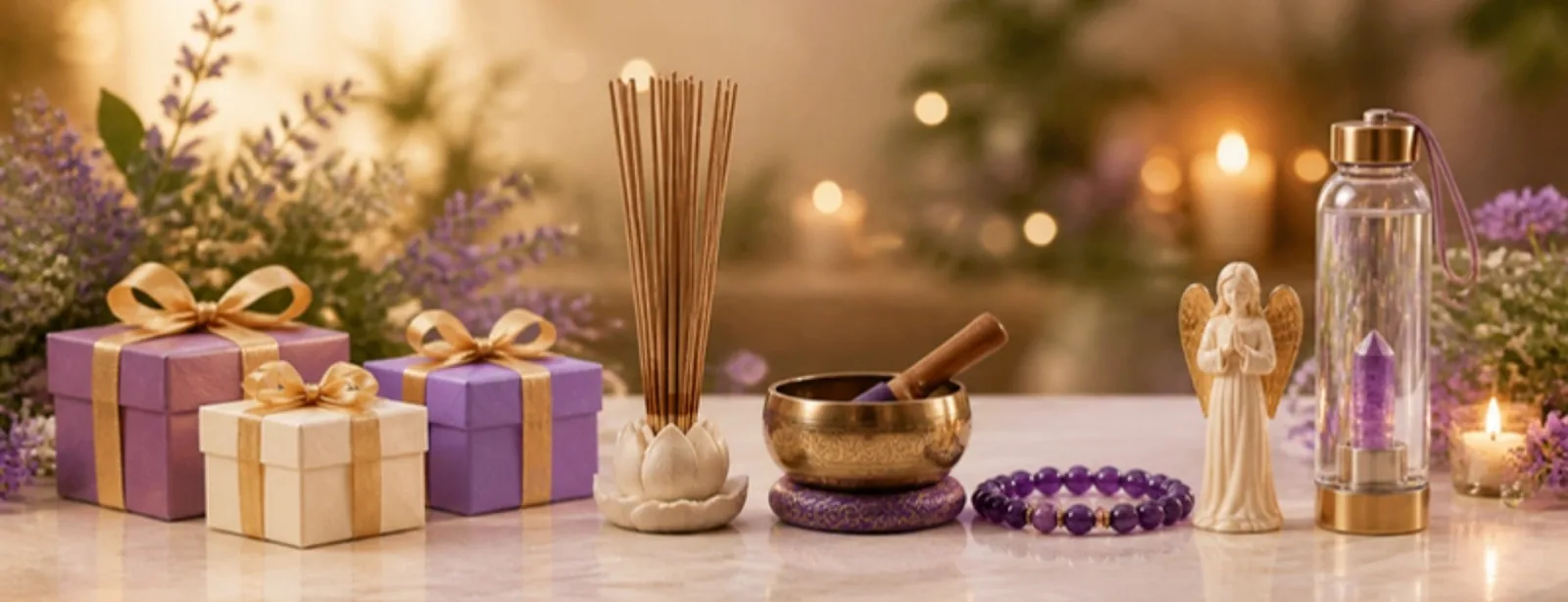 Geschenke, Räucherstäbchen, Klangschale, Edelsteinarmband, Engelfigur und Trinkflasche mit Kristall – Berk, Calerris, Goloka – SonnenhausWelt Esoterik Shop