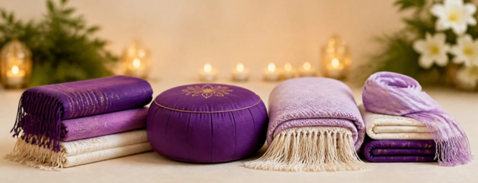 Meditationskissen, Meditationsschal, Yogadecke und Umschlagtuch in Lila und Creme – Phoenix Import, Berk – SonnenhausWelt Esoterik Shop