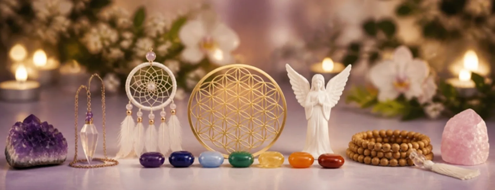 Pendel, Traumfänger, Blume des Lebens, Engelfigur, Chakra Steine und Mala – SonnenhausWelt Esoterik Shop