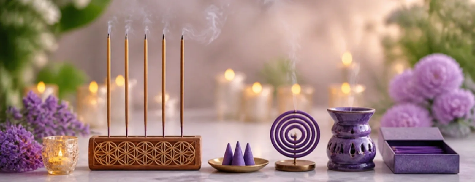 Räucherstäbchen im Räucherstäbchenhalter mit Blume des Lebens, Räucherkegel, Räucherspirale und Räuchergefäß – Phoenix Import, Goloka, Himalaya Incense – SonnenhausWelt Esoterik Shop
