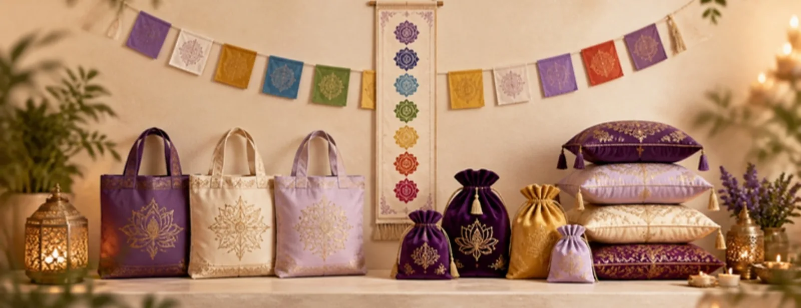 Wandbehang 7 Chakren, tibetische Gebetsfahnen, Baumwolltaschen, Samtbeutel und Kissen – SonnenhausWelt Esoterik Shop